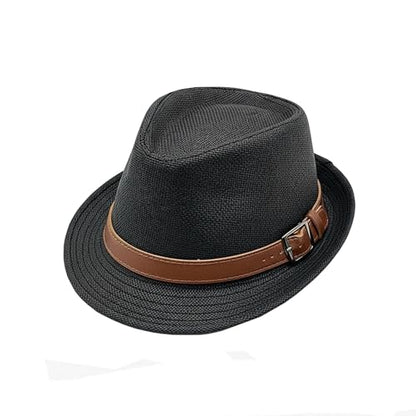 Straw Fedora Hat for Men Panama Hat Short Brim Summer Sun Hat - color: A-black