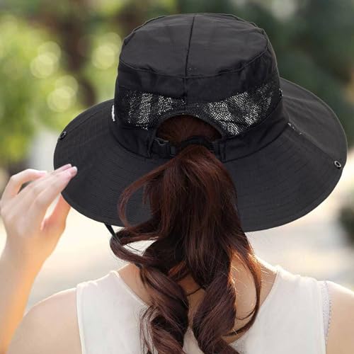 Womens Summer Sun Hat Beach Hat Wide Brim Outdoor UV Protection Bucket Hat - color: Solid Black
