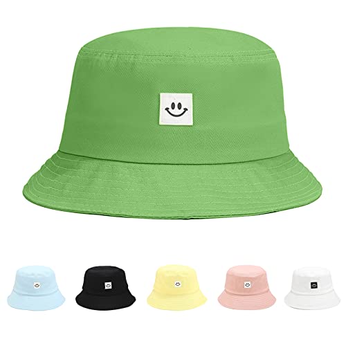 Kids Sun Hat Smile Face Bucket Hat for Girls Boys Summer Sun Protection Cotton Unisex Beach Cap - color: Green