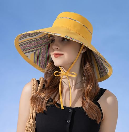 Reversible Wide Brim Sun Hat, Double-Sided Bucket Hat with Chin Strap, Packable UV Protection Beach Hat, Yellow - color: Yellow