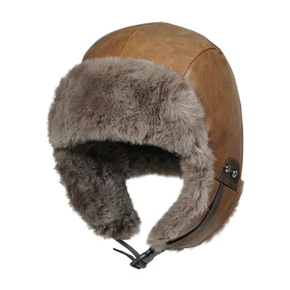 Croogo Eskimo Hat Russian Ushanka Trooper Hat Leather Trapper Aviator Hats Fur Lined Earflap Winter Cap Snow Ski Hats - color: Pl2508-camel
