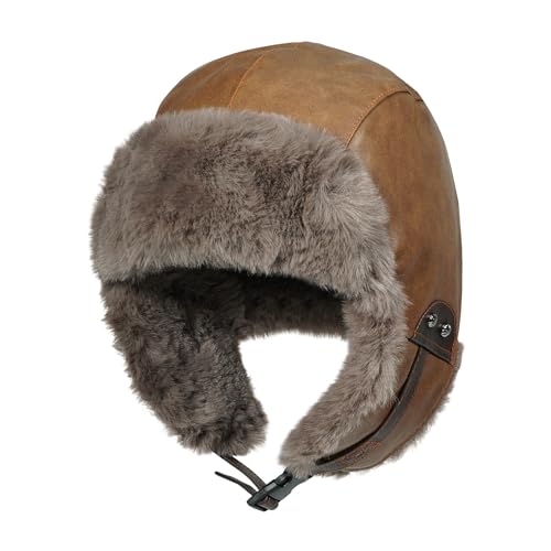 Croogo Eskimo Hat Russian Ushanka Trooper Hat Leather Trapper Aviator Hats Fur Lined Earflap Winter Cap Snow Ski Hats - color: Pl2508-camel