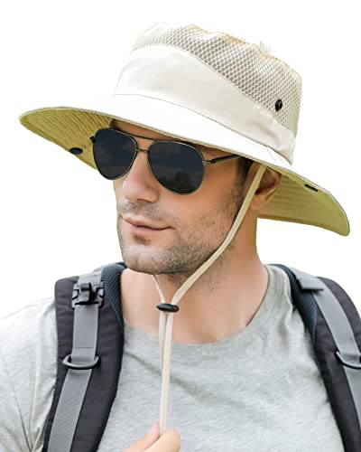 Mens Sun Hat Wide Brim Breathable Mesh UPF 50+ Waterproof Fishing Hat Safari Hat Foldable Boonie Cap - color: A-khaki