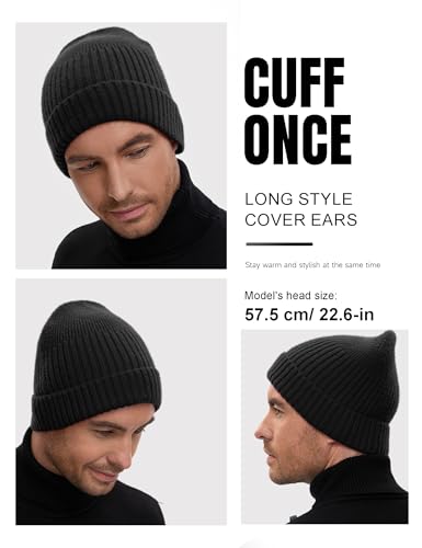 vidsel 50% Wool Double Cuff Beanie Hat for Men Women, Warm Winter Knit Cap - color: Black