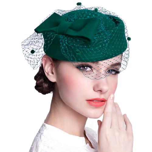 ORIDOOR Women's British Style Pillbox Church Derby Wedding Winter Vintage Fascinator Beret 100% Wool Felt Veil Hat - color: 01a-green