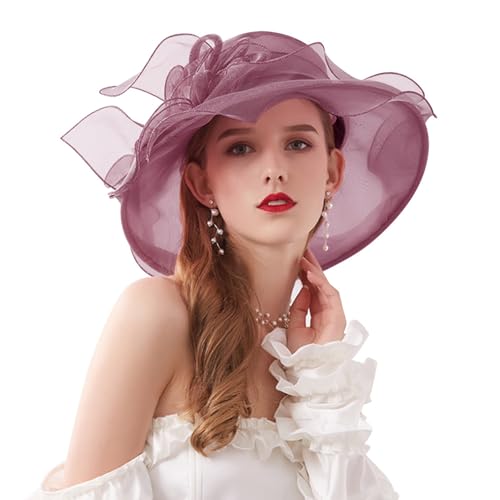 AQOKKA Women Organza Church Fascinators Kentucky Derby Hats for Women and Girls Wedding Flower Tea Party Hat with Wide Brim - color: Simulated Flower : Dark Purple