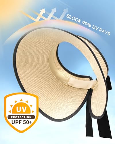 Camptrace Women's Straw Sun Visor Hat UPF Wide Shade Ponytail Summer Hat - color: Beige