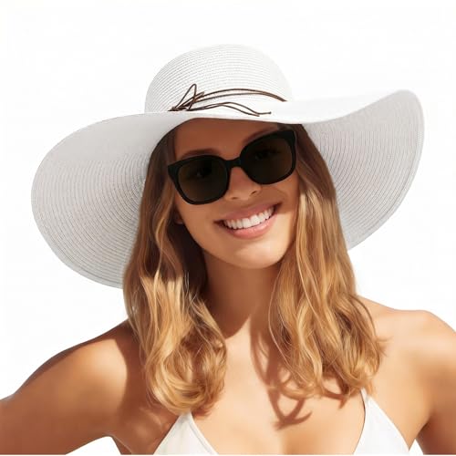 Women's Sun Straw Hat Wide Brim Floppy Foldable Hats Beach Travel Summer Vacation Hat UPF 50+ - color: White