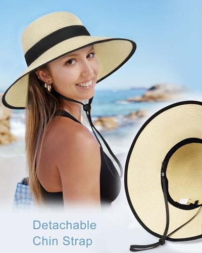 Sun Straw Hats for Women, Wide Brim Summer Beach Hat - color: Beige Black, size: X-Large