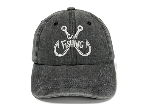 Fishing Baseball Cap for Men Women, Adjustable Embroidered Fish Hat - color: Fishing Hook (Washed Black)