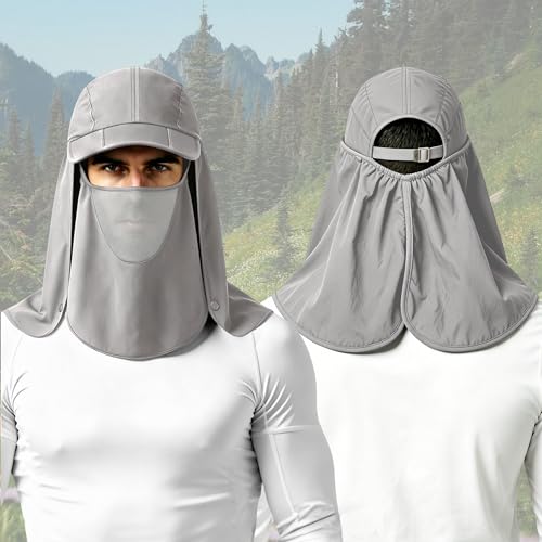 2Pack Men’s Foldable Sun Hat with Removable Face Mask & Neck Flap, UPF 50+ UV Protection, Quick-Drying Outdoor Fishing Cap - color: Light Grey+light Grey