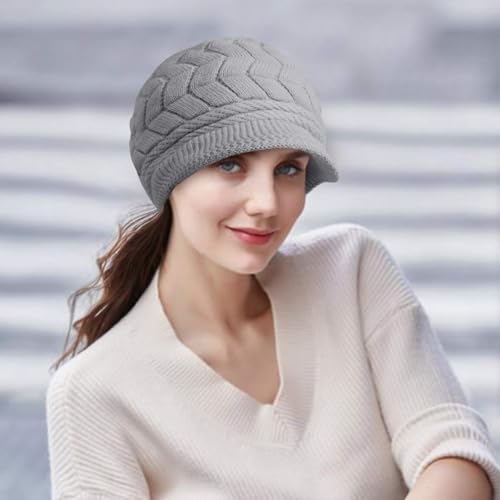 Loritta Womens Winter Beanie Hats, Thick Warm Beanie with Visor Brim - color: D-grey
