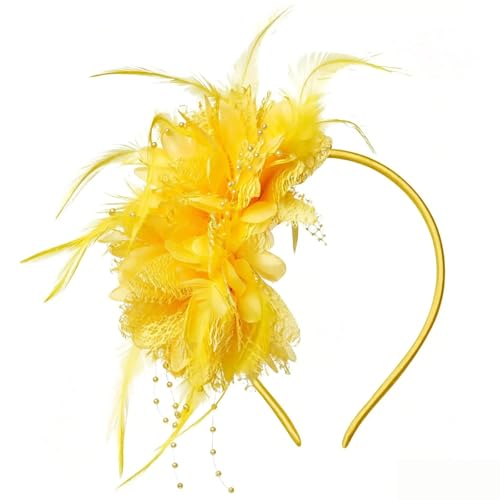 Yellow Flower Headband, Floral Feather Hairband with Pearl Design Party Headband for Women Wedding Headpiece Fascinator Party Hair Accessories Carnival Hair Hoop - color: Yellow
