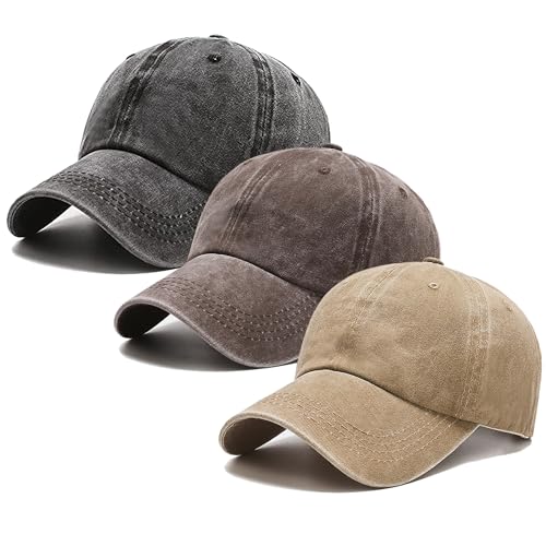3 Pack Washed Plain Vintage Baseball Cap Cotton Adjustable Twill Bulk Low Profile Classic Dad Hat for Men/Women - color: Black+brown+khaki