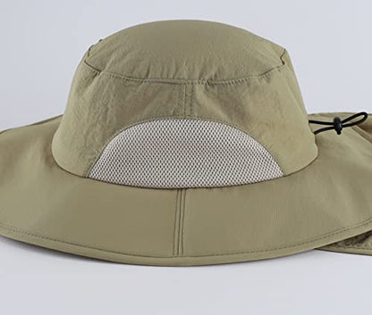 Home Prefer Outdoor UPF50+ Mens Sun Hat with Neck Flap Womens UV Protection Hat Wide Brim Safari Fishing Hiking Gardening Hat - color: Light Khaki Green