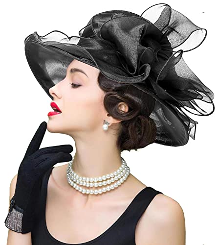Women's Kentucky Derby Church Dress Hat Wide Brim Leaf Flower Bridal Shower Hat - color: S9-black