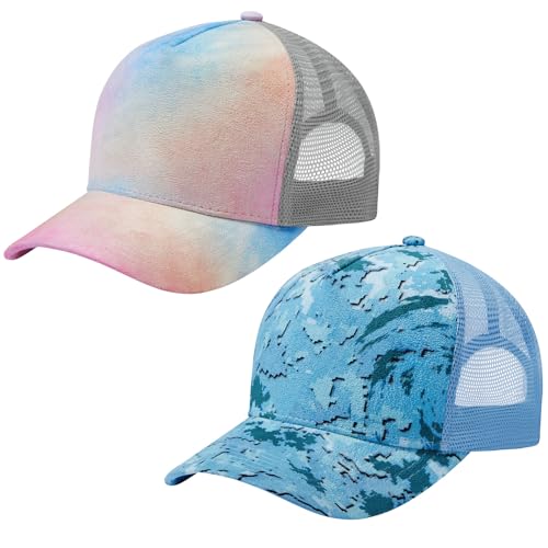 Suede Curved Brim Trucker Cap Adjustable Snapback Hat Mesh Back Breathable for Men Women 2 Pack SH03 - color: Pack of 2, Ocean Digital Camo & Rosy Clouds
