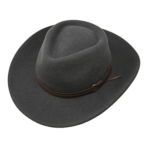 Borges & Scott Hardy - Lightweight Wide Brim Fedora - Leather Band - 100% Wool Felt - Crushable for Travel - Water Resistant - color: Dark Grey, size: Large