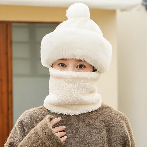 One-Piece Hat Womens Winter Warm Elastic Soft Ear Protection Knitted Scarf Mask Hat Fleece Lined Beanie Hat - color: H-white