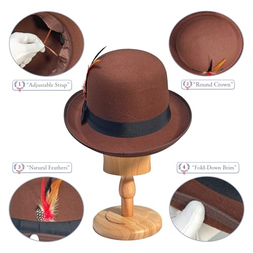 Classic Fedora Hat with Feather, Dome Hard Bowler Cap - color: Coffee
