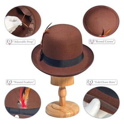 Classic Fedora Hat with Feather, Dome Hard Bowler Cap - color: Coffee