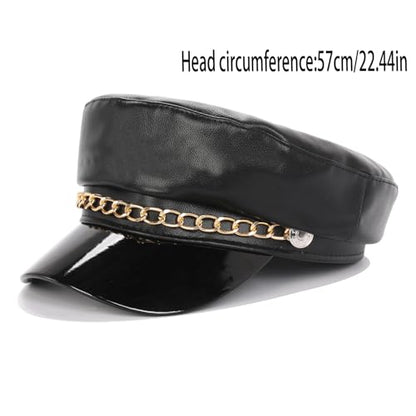 Women's Yacht Captain Sailor Hat, PU Material Newsboy Hat, Stylish Biker Hat, Baker Boy Hat, Peaked Beret - color: Black With Chain