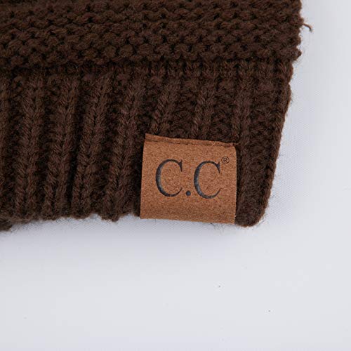 C.C Fur Pom Winter Fall Trendy Chunky Stretchy Cable Knit Beanie Hat - color: Solid Brown