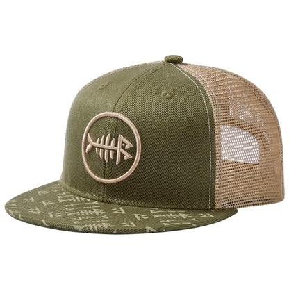 BASSDASH Flat Brim Trucker Cap Adjustable Snapback Hat Mesh Back for Men Women - color: Army Green