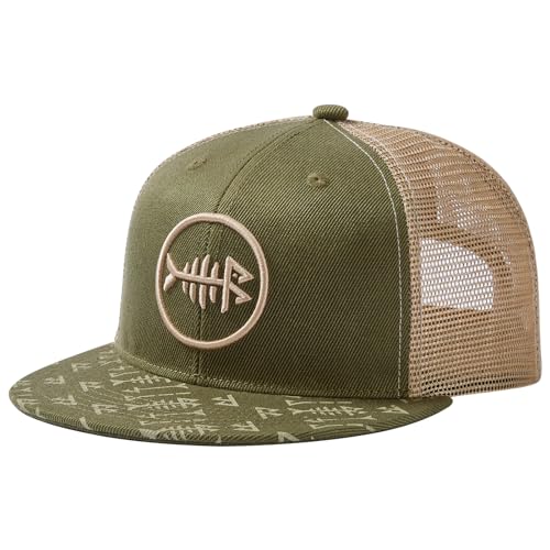 BASSDASH Flat Brim Trucker Cap Adjustable Snapback Hat Mesh Back for Men Women - color: Army Green