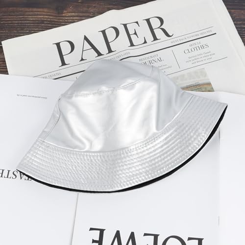 MILAKOO Pu Leather Bucket Hat for Unisex Reversible Fishing Cap Metallic Retro 80s 90s Fisherman Hat - color: C: Silver