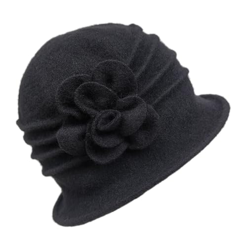 YING LAN Women Beret Hat Cloche Bucket Hat Vintage Floral Wool Classic Winter Hat 1920s - color: B-black
