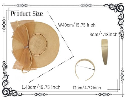dressfan Wide Brim Fascinator Hats for Women,20s Linen Rhinestones Bow Big Hat for Derby Church Wedding Tea Party - color: Khaki