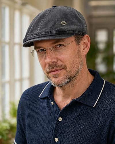 CLAPE Washed Denim Flat Cap for Men, Vintage Newsboy Scally Driver Hat, Adjustable Fit - color: Nb2610-washedblack