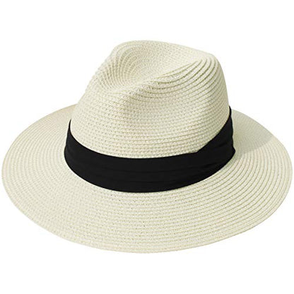 Lanzom Women Wide Brim Straw Panama Roll up Hat Fedora Beach Sun Hat UPF50+ - color: 02-fold Belt Beige, size: One Size-Medium