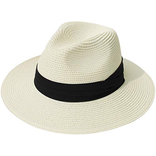 Lanzom Women Wide Brim Straw Panama Roll up Hat Fedora Beach Sun Hat UPF50+ - color: 02-fold Belt Beige, size: Large-X-Large