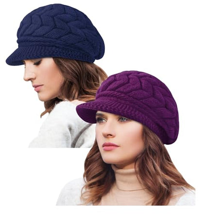 YSense 2 Pack Womens Winter Hats Warm Knit Beanie with Visor - color: Navy Blue Purple