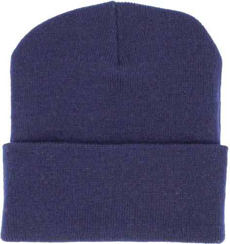KBETHOS Made in USA Classic Men's Women's Cuffed Folded Acrylic Knit Beanie Hat Solid Unisex Cold - color: Navy Solid Long Beanie