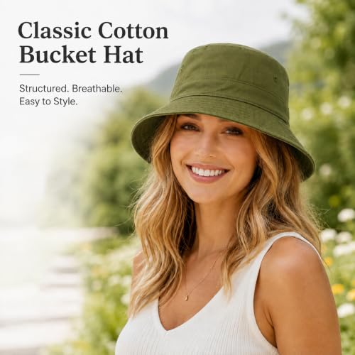 Cotton Bucket Hat Packable Beach Sun Hat for Women Men - color: Armygreen