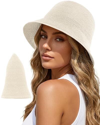 Babalet Summer Straw Beach Sun Hats for Women Packable Floppy Bucket Hat - color: White