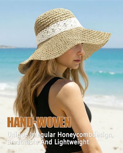Sun Hats for Women, Summer Beach Straw Wide Brim Bucket Hat - color: Light Beige, size: Large