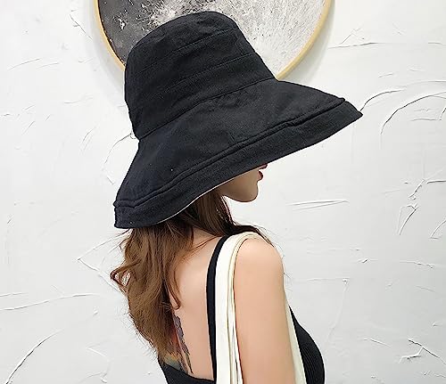 Women Wide Brim Sun Hats Metal Wired Edge Summer UV Protection Beach Fishing Hat for Hiking Garden Travel Chin Strap - color: Lant001-black, size: One Size