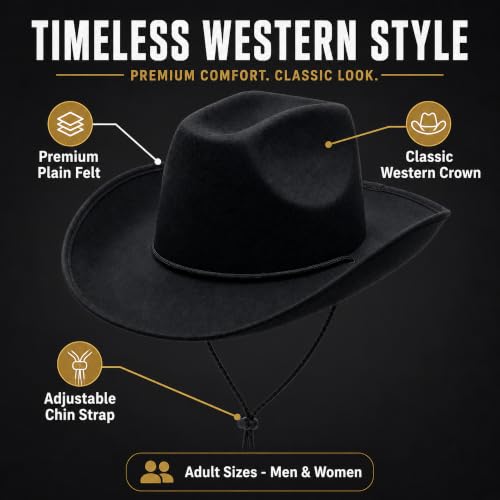 COLLECT PRESENT Plain Felt Cowboy & Cowgirl Hat for Men and Women | Western Studded Cowboy Hat in Adult Sizes - color: Black