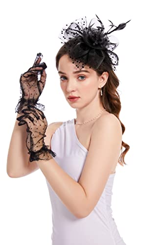 GurZinn Fascinator Hat Veil Feather Fascinator Tea Party Bridal Wedding Veil Pillbox Hat - color: C-black Hat&glove