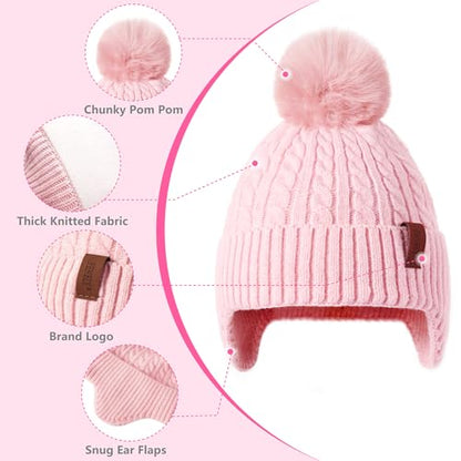 FENELY Girls Boys Winter Hat 3-12, Children's Warm Knitted Earflaps Beanie with Pom Pom Thicken Fleece Lining Cap for Kids - color: Blue-dinosaur