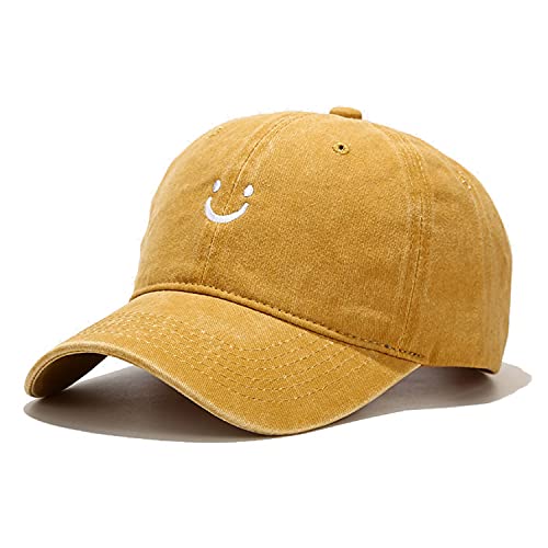 Smile Face Baseball Cap, Vintage Distressed Cotton Dad Hat for Women Men - color: Retro Yellow