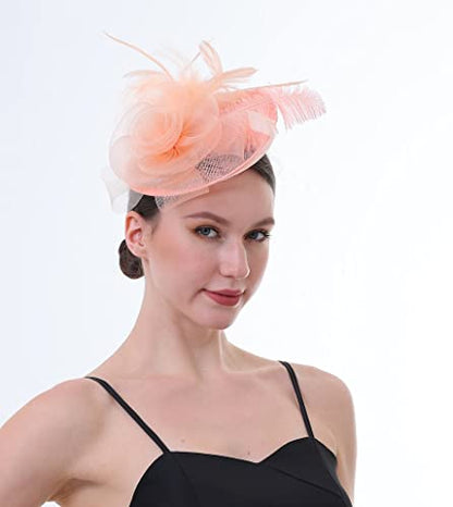 Fascinator Hat with Feather and Mesh – Floral Headpiece for Tea Party, Wedding, Cocktail Event - color: Champange
