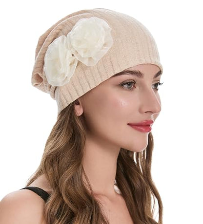 ZLYC Women Slouchy Beanie Hat Summer Knit Chemo Headwear - color: Flower Beige