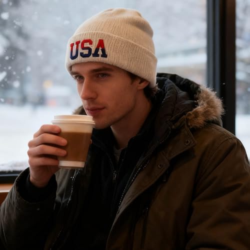 American Flag Beanie, USA Embroidered Winter Hat for Women Men - color: Usa-brown