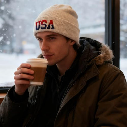 American Flag Beanie, USA Embroidered Winter Hat for Women Men - color: Usa-brown