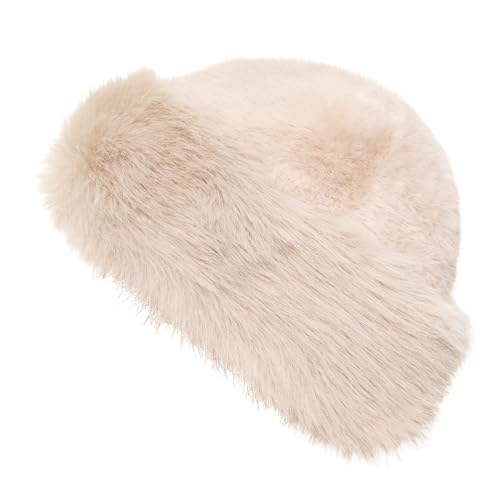 Womens Faux Fur Hat Winter Thickened Bucket Hat Warm Faux Fur Hats Plush Mongolian Hats Russian Beret for Women - color: Beige